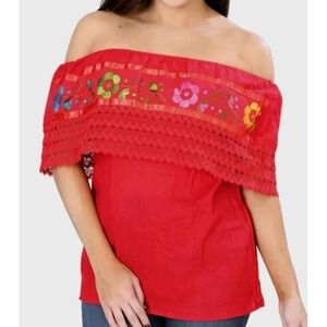 Mexican Blouse Women XL Red‎ Off The Shoulder Floral Embroidery Folklore Festive